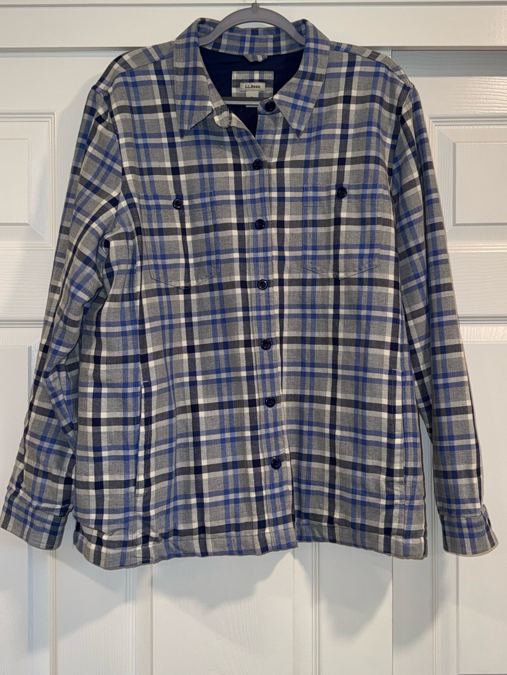 L.L. Bean Blue Plaid Quilted  Button-Up Shacket